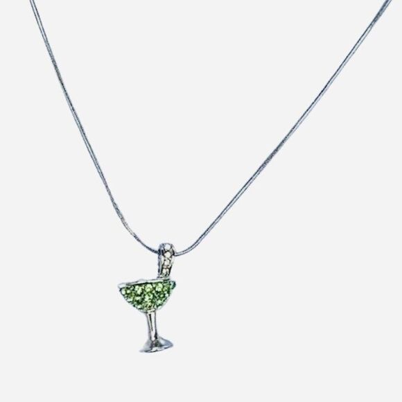 Lia Sophia Green Rhinestone Sparkle Martini Glass Silver Metal Chain Necklace - Picture 4 of 9